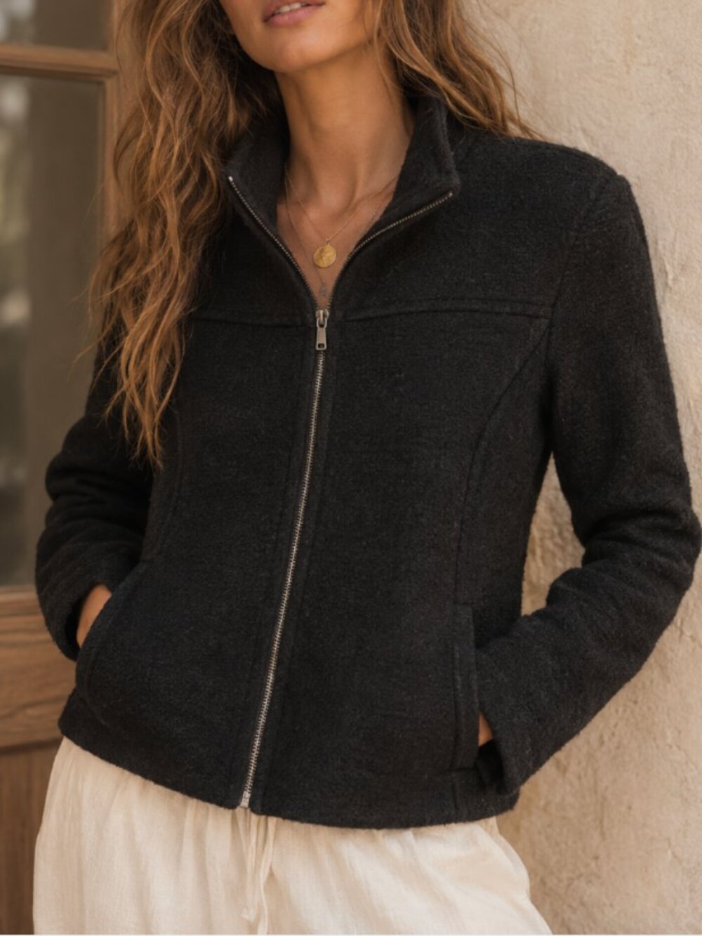 Lands’ End Wool Full Zip Jacket Coat Black Size 6 Classic Outerwear
